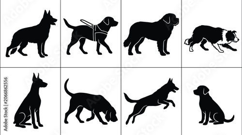 Schilderij op canvas Collection of different working dog silhouettes including German Shepherd servic