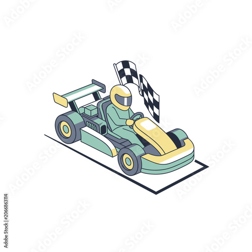 Go Kart Race Victory Finish Line Flag Driver Helmet Isometric Vector Art