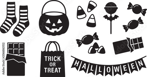 Photos Halloween icons, black vector set, trick or treat bag, candy, pumpkin, spooky de