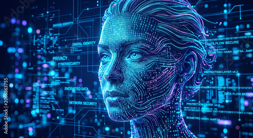 Abstract digital identity concept with glowing AI female face made of binary code and cybersecurity network graphics