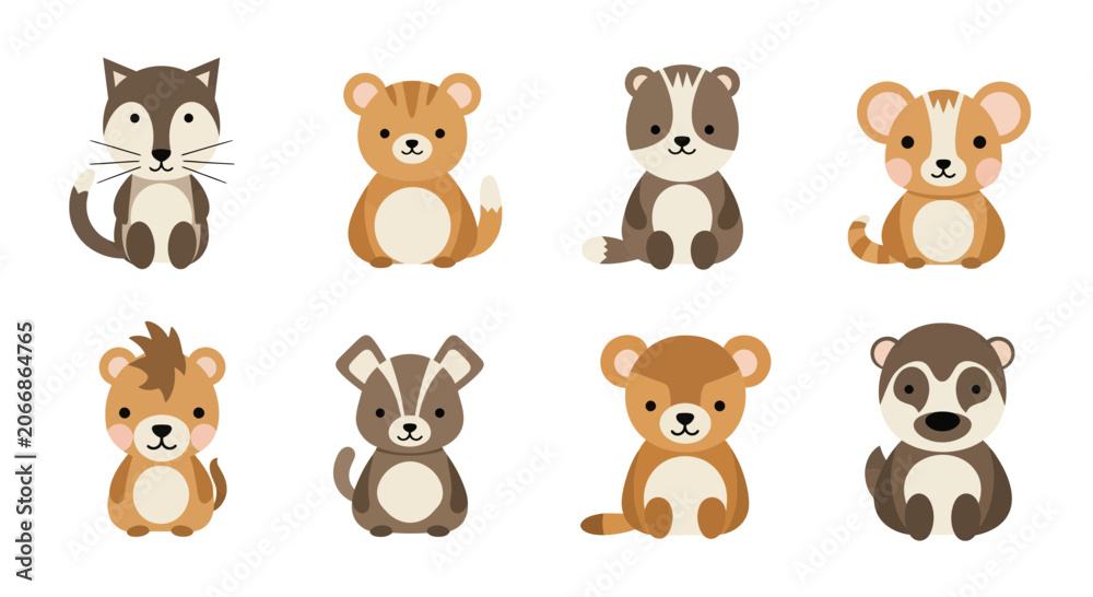 Obraz premium Cute set of flat vector illustrations featuring various adorable woodland animals with brown color palettes