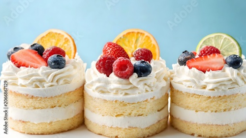 Three layered cakes with fruit and cream