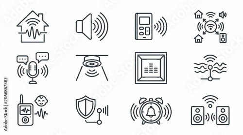 Smart Home Security and Audio System Line Icons Set.