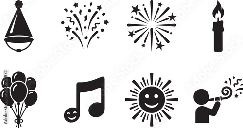 Foto Black party icons, festive symbols, celebration graphics, 8 silhouette elements