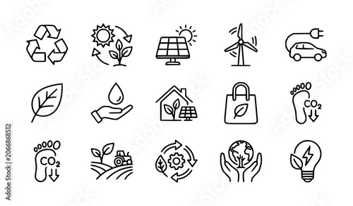 Stylized sustainability line icons vector bundle with eco conservation and renewable energy symbols