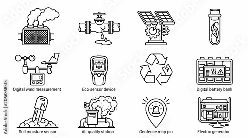 Set of industrial and environmental monitoring icons including solar energy and pollution sensors.
