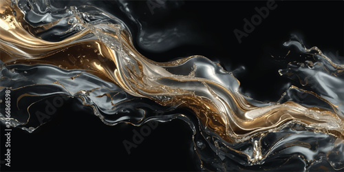 Abstract Liquid Wave Background with Flowing Gold and Silver Metallic Water Texture