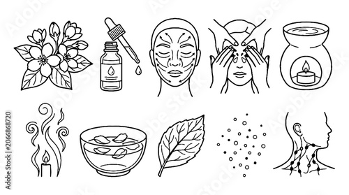 Facial Massage and Aromatherapy Skincare Line Art Icon Set.