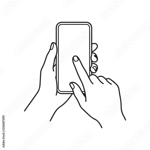 Hands holding a smartphone and touching the screen, line art illustration