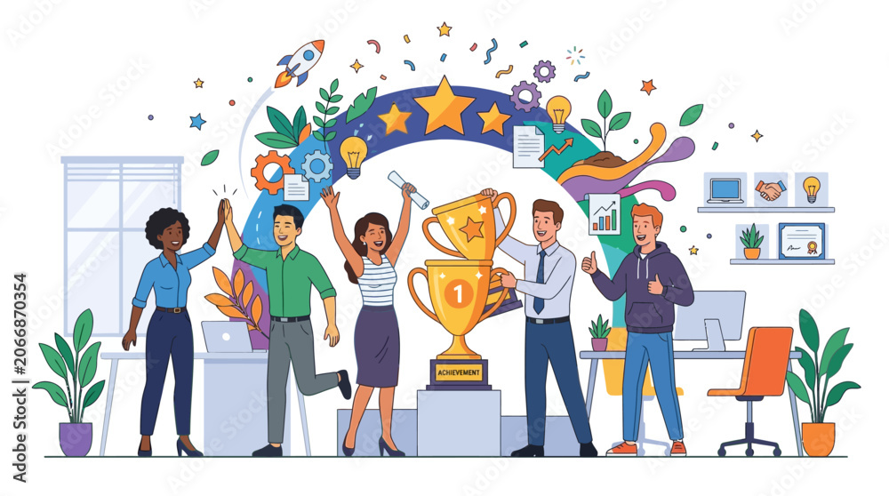 Fototapeta premium Teamwork success celebration with trophy, stars, and rocket launch