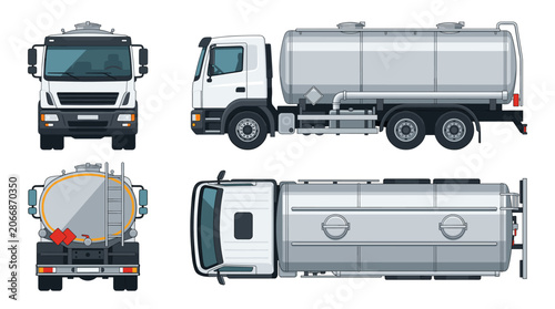 Milk tank truck transport vehicle with front side rear and top views vector illustration