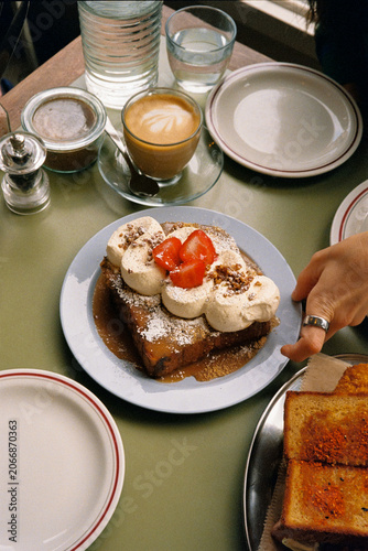 Modern Café Breakfast with French Toast and Specialty Coffee