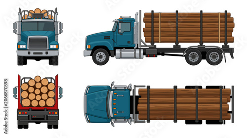 Logging truck transport vehicle with front side rear and top views vector illustration