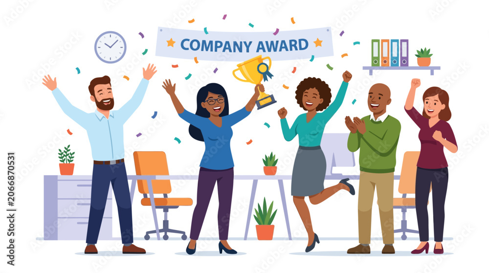 Fototapeta premium Happy people celebrating company award with trophy and confetti in office