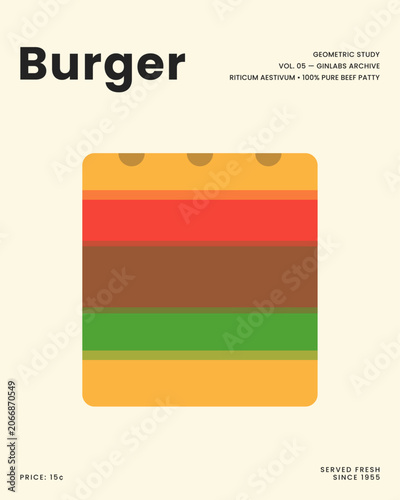 Minimalist burger design with bold geometric layers. Cream background enhances clean, modern aesthetic