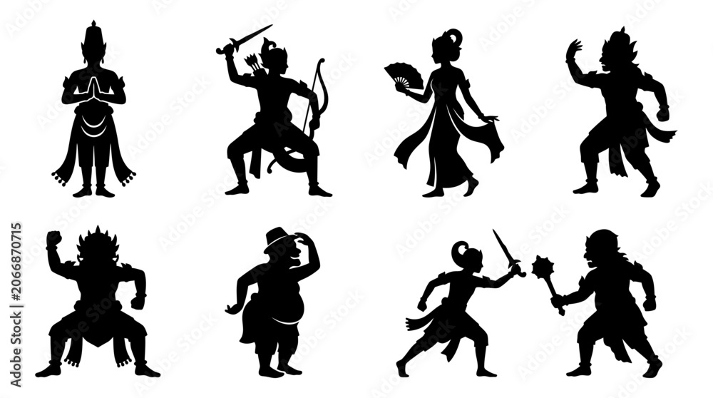 Obraz premium Dynamic vector silhouette icon set showcasing ancient mythological characters, powerful warrior figures, and traditional deity poses, perfect for cultural designs and historical themes
