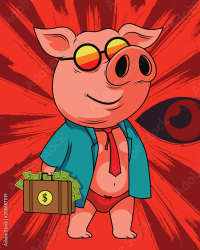 Pig in Sunglasses with Money Briefcase Illustration
