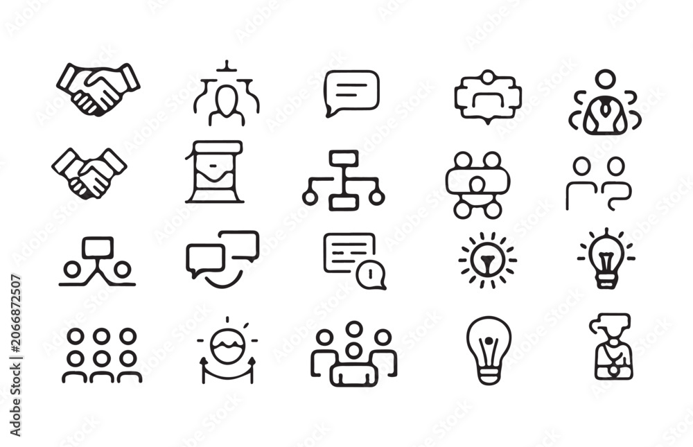 Fototapeta premium Set of business and teamwork line icons: collaboration, partnership, leadership, communication, strategy.