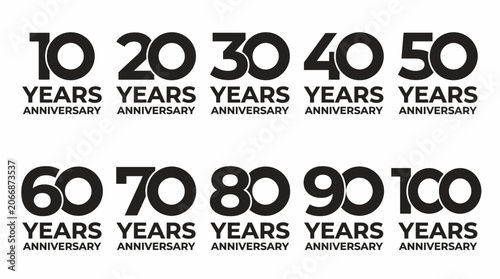 Milestone Anniversary Year Numbers from 10 to 100 with Text on Isolated White Background