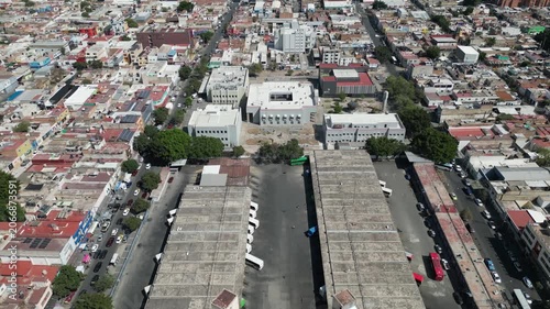 Guadalajara old bus station aerial drone footage showing urban landscape, streets, and buildings in Jalisco, Mexico.