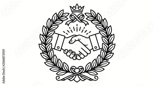 Handshake and Crown in Laurel Wreath Icon, isolated white background