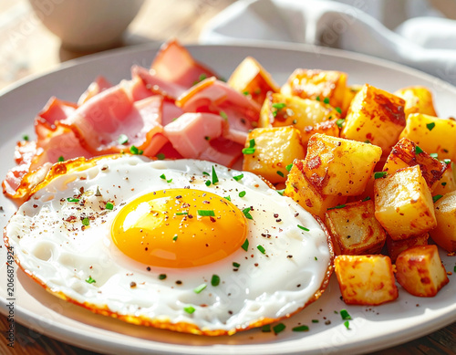 Fried eggs, ham and hash brown potatoes, white plate. AI