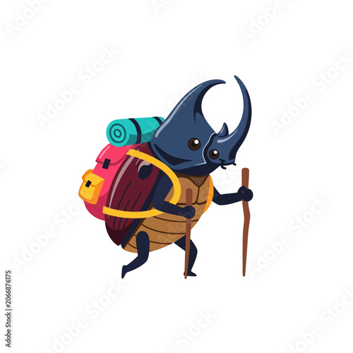 Cute Cartoon Rhinoceros Beetle with Backpack Hiking