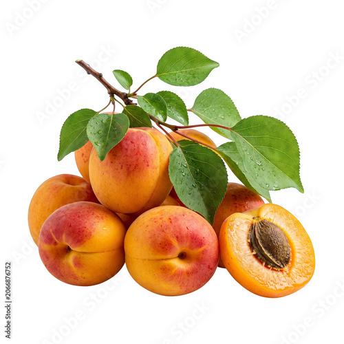 Fresh Apricot Fruits with Leaves and Halved Stone Fruit Generative AI 
