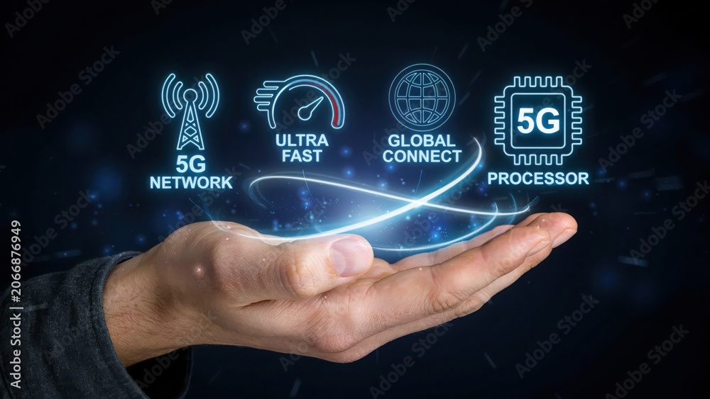 Fototapeta premium Human hand holding digital 5g network icons and technology processor symbols