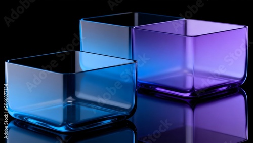 Colorful glass containers on reflective surface