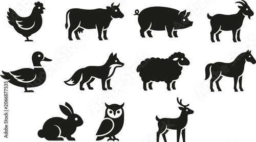 Farm and wild animals black silhouette vector icon collection set featuring profile stencils of cow horse pig sheep goat deer and rabbit isolated on white background
