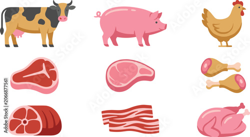 Butcher shop raw meat cuts and farm animals vector cartoon icon collection set featuring beef steak pork chops bacon strips and chicken drumsticks isolated on white background