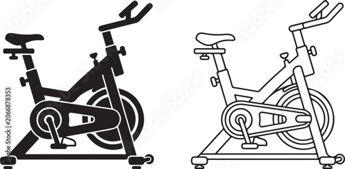 Bild auf Leinwand Exercise bikes, fitness bicycles, spin class icons, workout equipment, gym machi