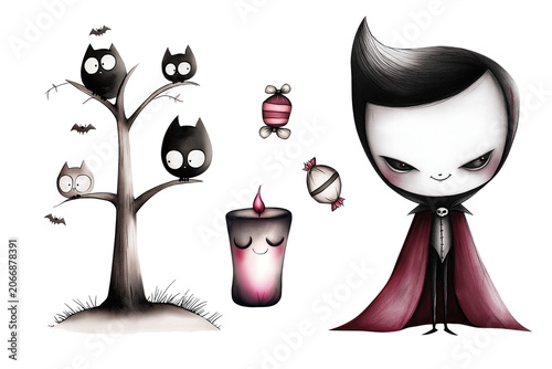 Spooky Cute Halloween Vampire Clip Art Elements Set with Spooky Tree Owls Lit Candle and Wrapped Candies