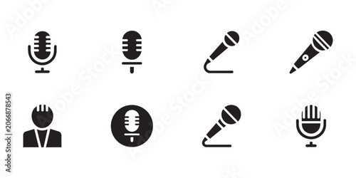 Quadro su tela Set of eight professional microphone icons for audio recording and broadcast usa