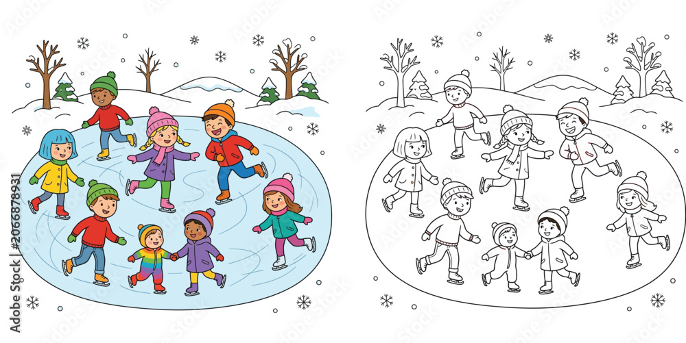 Obraz premium Children Ice Skating on a Frozen Lake Winter Landscape Illustration and Coloring Page Set, Vector Cartoon Characters Enjoying Winter Sports Activity for Kids Education