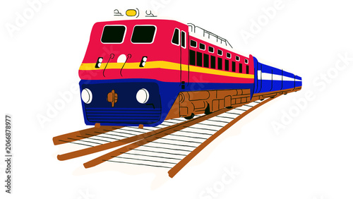 Flat vector illustration of a passenger train on railway tracks isolated on black background