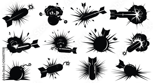 Tableau sur toile Exploding Bombs And Detonations Black Silhouette bomb