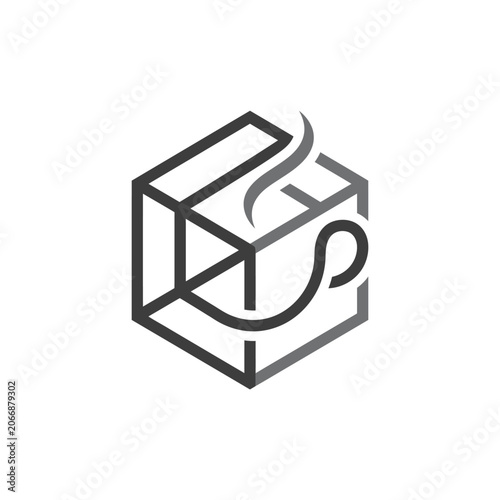 Minimalist steaming mug line art inside wireframe cube.