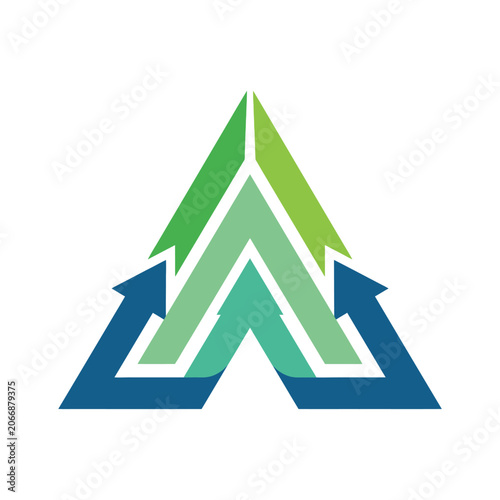 Triangular logo featuring green and blue upward arrows