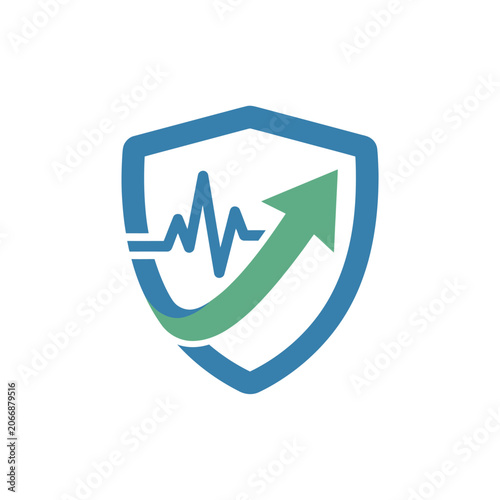 Medical shield icon with heartbeat pulse and arrow
