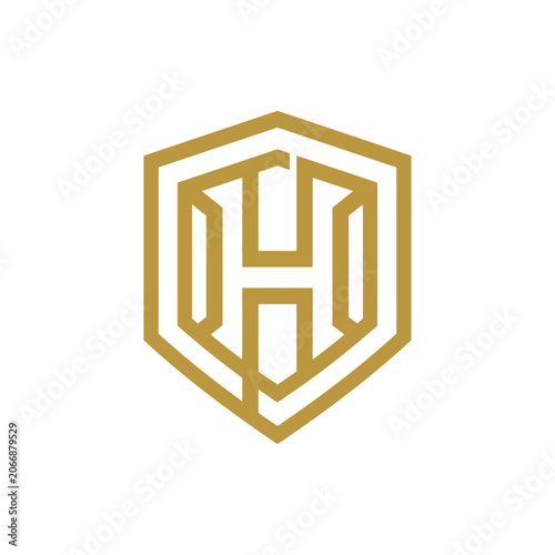 Geometric gold letter H shield logo design.