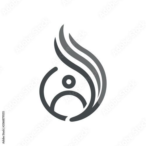 Abstract human figure within a circular swirling flame logo.