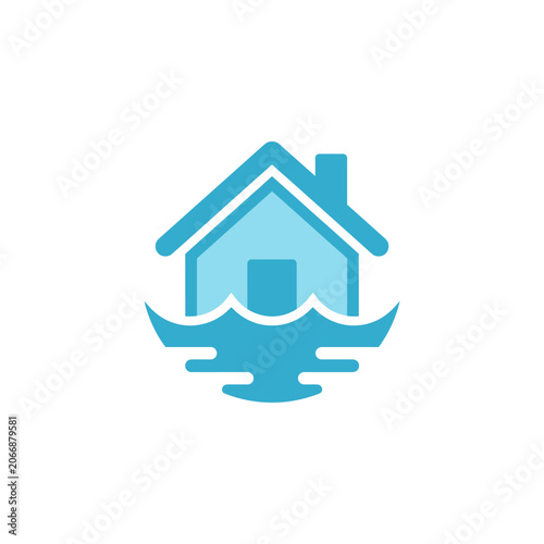Minimalist house floating on blue water waves.