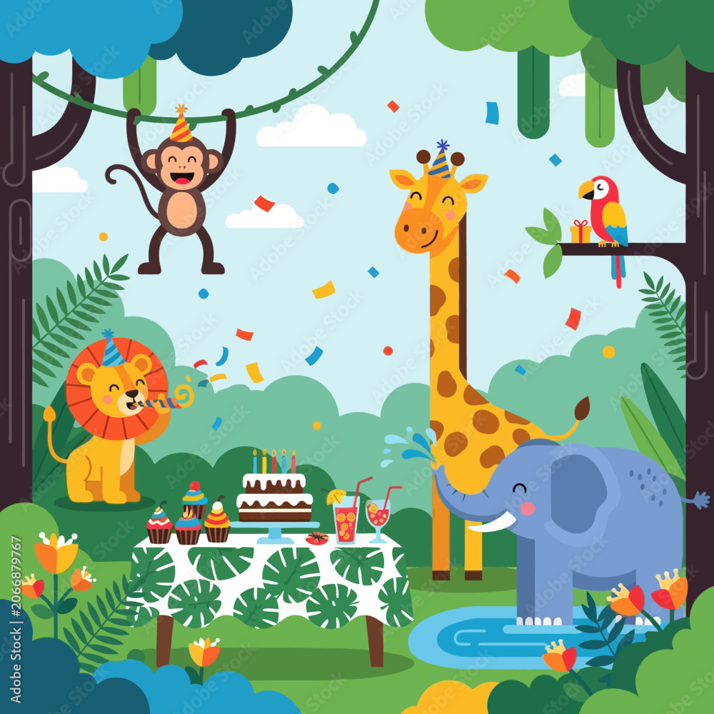 Naklejka premium Jungle Birthday Party with Animals: Monkey, Giraffe, Lion, Elephant, Parrot