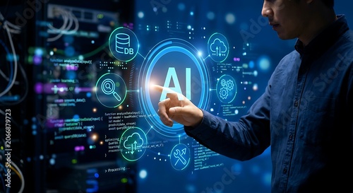 Man's hand touching AI interface in server room with glowing data icons during technology innovation