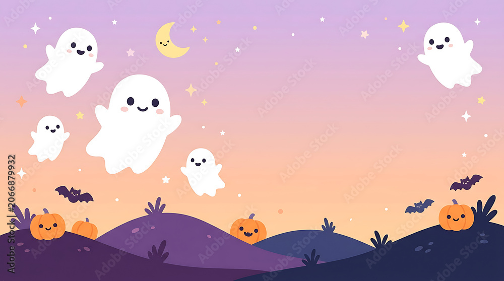 Naklejka premium Cute cartoon halloween background, with smiling ghosts, bats, pumpkins, and, a crescent moon, on a purple, and orange gradient, sky landscape
