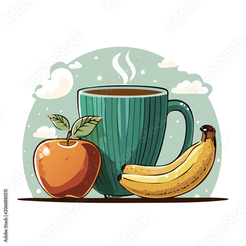 Flat design illustration of coffee cup with apple and banana