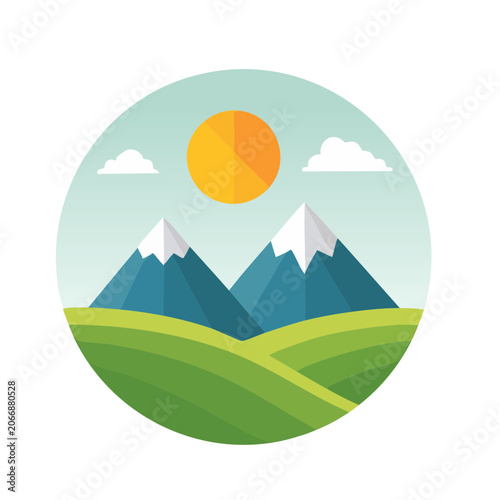 Flat design illustration of mountains, sun, clouds and hills