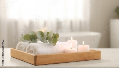 Minimal Home Spa Setup with Towels, Candles and Eucalyptus, Natural Light Wellness Scene